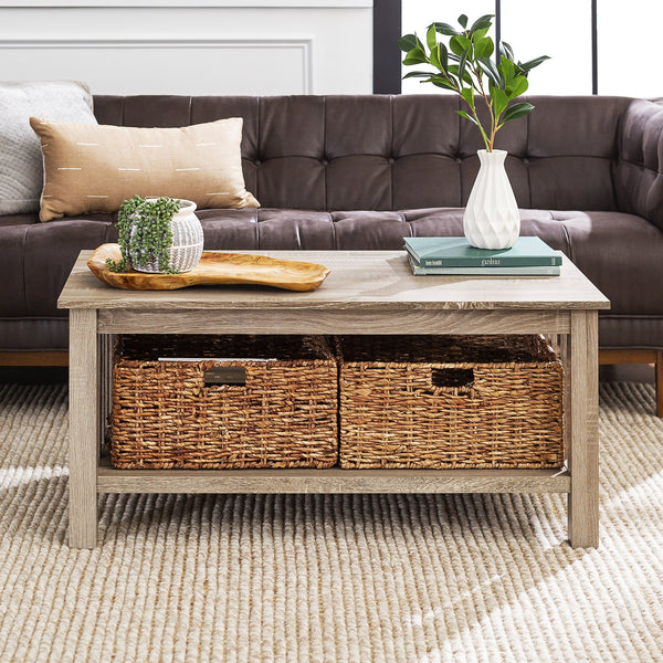 Mission Storage Coffee Table with Baskets Living Room Walker Edison Driftwood 