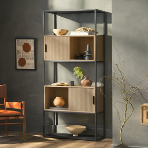Scandinavian Tall Bookcase with Closed and Open Storage