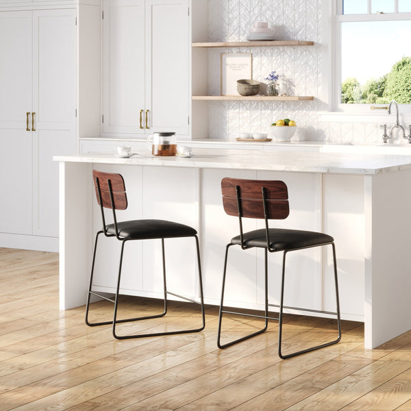 Modern 2-Piece Faux Leather Metal and Wood Counter Stool Set Dining / Kitchen Walker Edison Black 